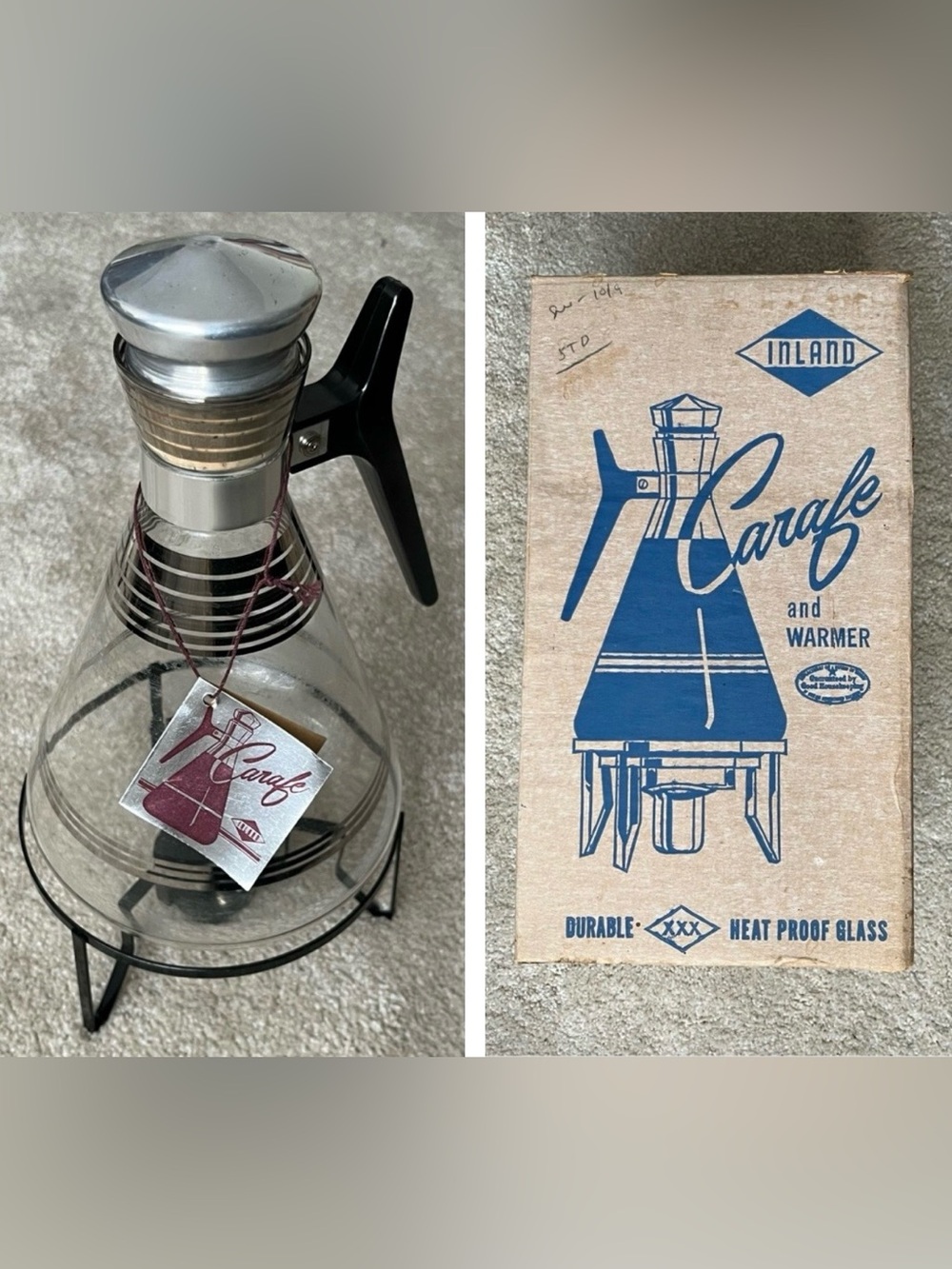 Vintage Inland Glass Coffee Carafe & Warmer Set Mid-Century Modern VTG Retro MCM